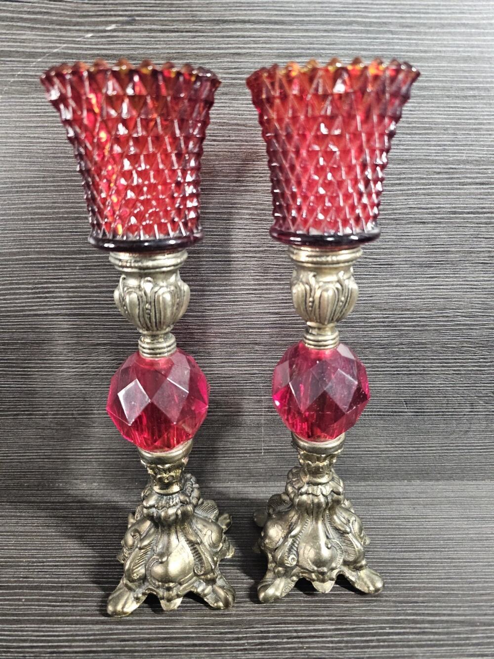 Pair Of Vintage 1960’s Hollywood Brass Ruby Lucite Acrylic Candlestick Holder